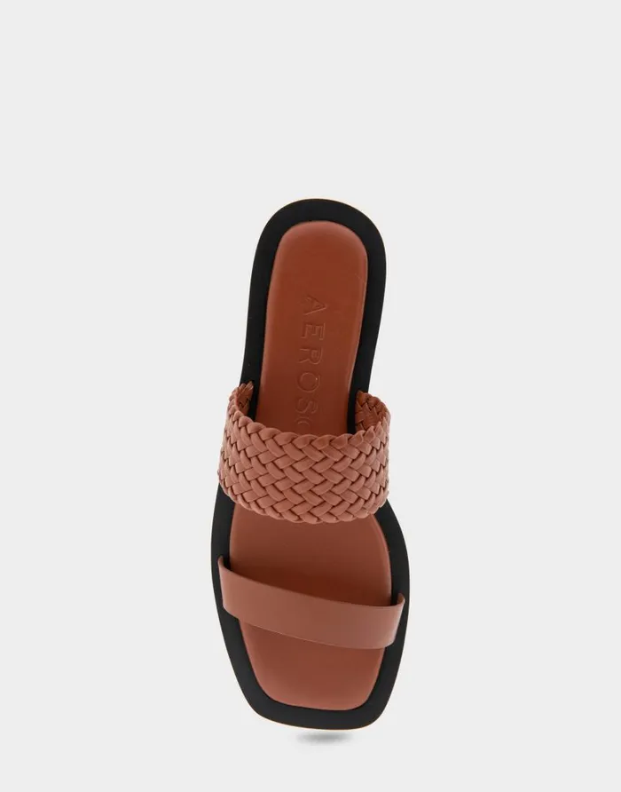 Aerosoles Comfortable Women039s Braided Double Strap Flat Sandal In Gingerbread Faux Leather Gingerbread Faux Leather Women Clogs and Mules