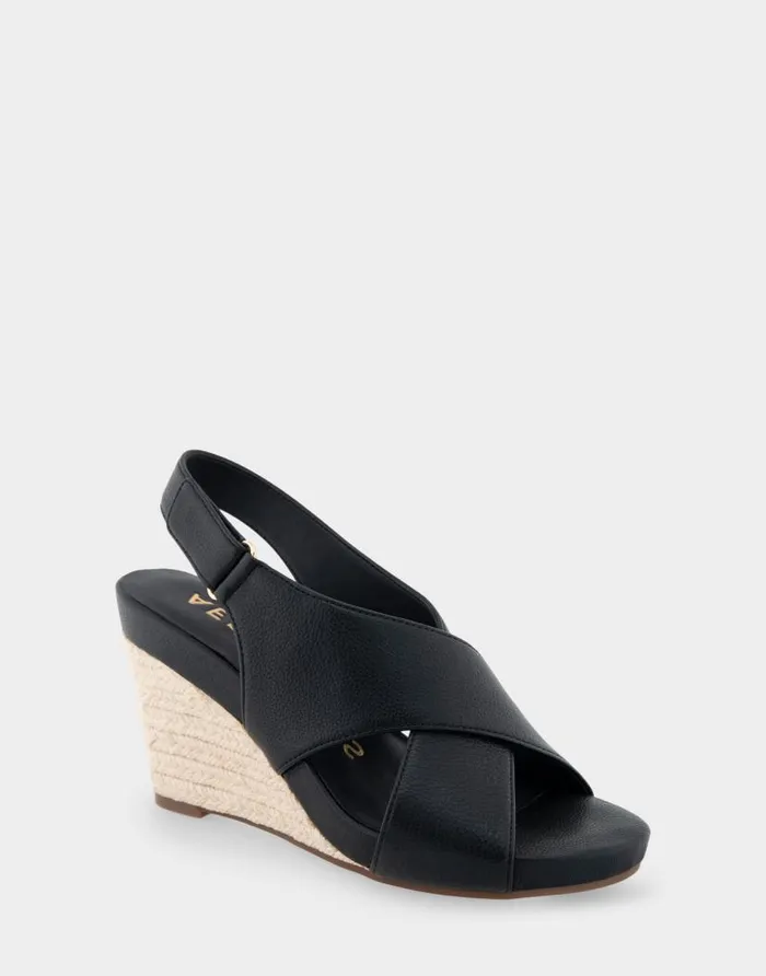 Aerosoles Comfortable Women039s Crisscross Velcro Back Footbed Wedge Sandal In Black Faux Leather Black Faux Leather Women Wedges