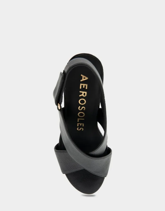 Aerosoles Comfortable Women039s Crisscross Velcro Back Footbed Wedge Sandal In Black Faux Leather Black Faux Leather Women Wedges