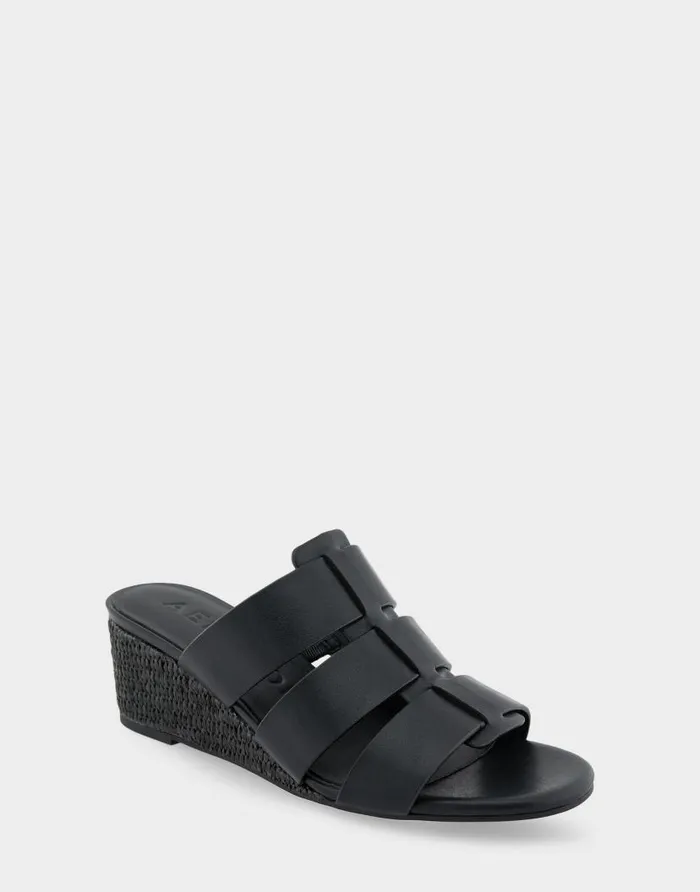 Aerosoles Comfortable Women039s Fisherman Mid Wedge Slide In Black Faux Leather Black Faux Leather Women Dress