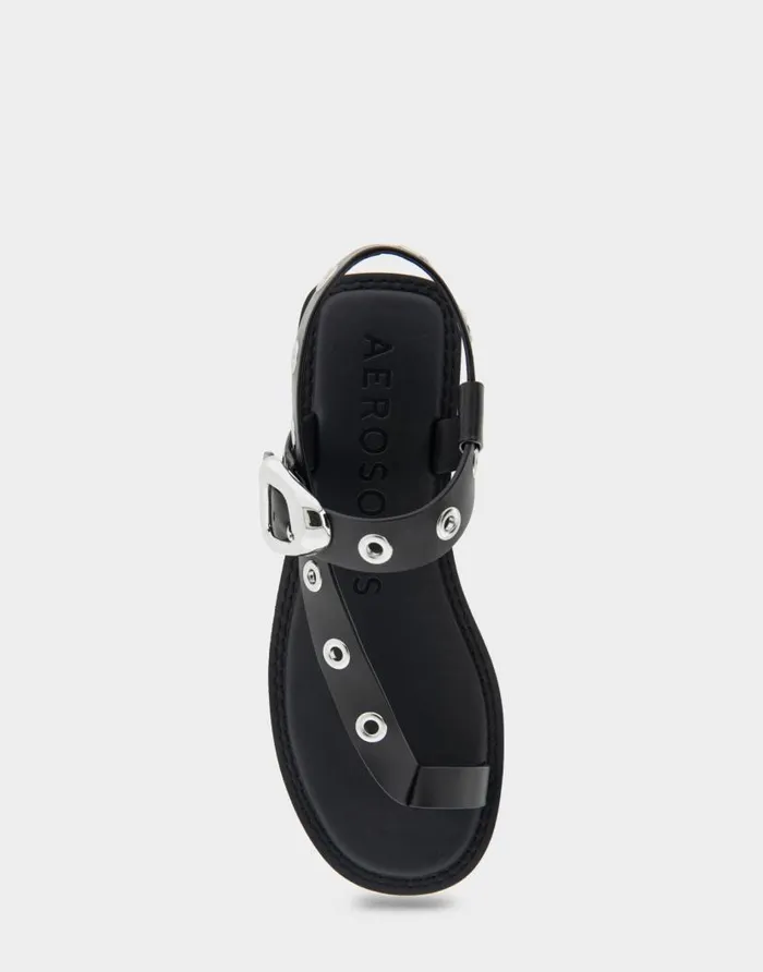 Aerosoles Comfortable Women039s Grommeted Asymmetrical Toe Ring Sandal In Black Faux Leather Black Faux Leather Women Flats