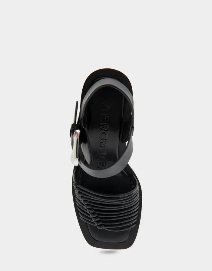 Aerosoles Comfortable Women039s Macrame Sculpted Heel Sandal In Black Faux Leather Black Faux Leather Women Clogs and Mules