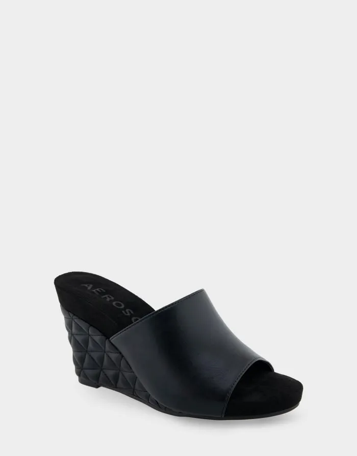 Aerosoles Comfortable Women039s Quilted Heel Footbed Wedge Slide In Black Faux Leather Black Faux Leather Women Wide Width Sandals