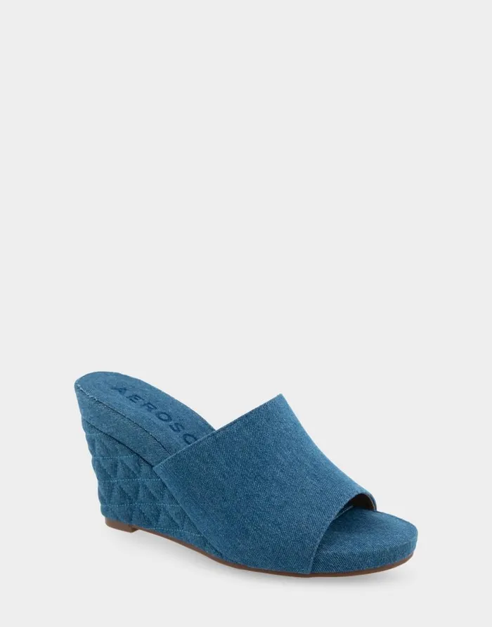 Aerosoles Comfortable Women039s Quilted Heel Footbed Wedge Slide In Denim Fabric Faux Leather Denim Fabric Women Dress