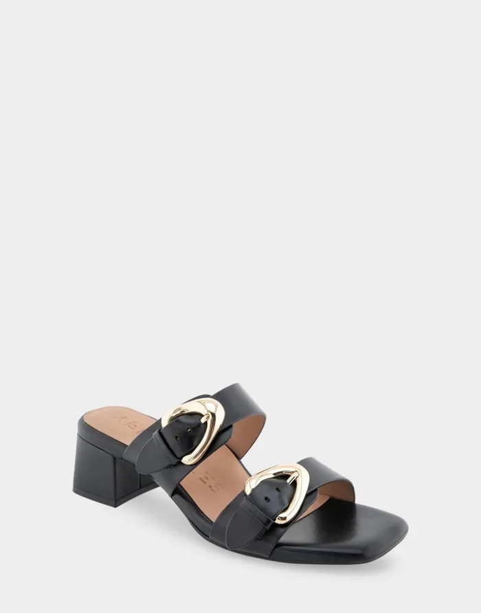 Aerosoles Comfortable Women039s Two Strap Block Heel Slide Sandal In Black Leather Black Leather Women Clogs and Mules
