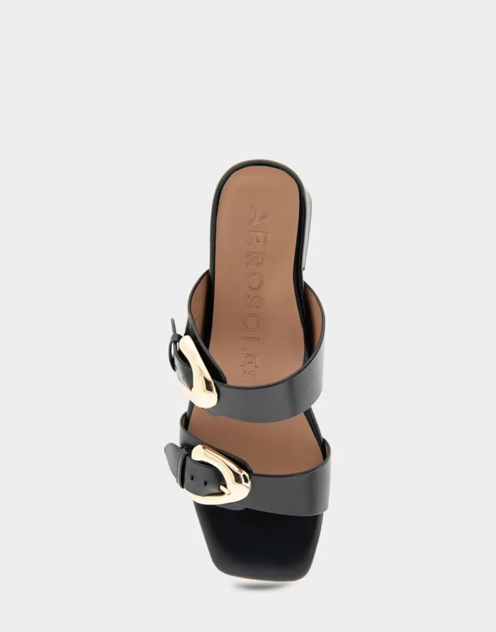 Aerosoles Comfortable Women039s Two Strap Block Heel Slide Sandal In Black Leather Black Leather Women Clogs and Mules