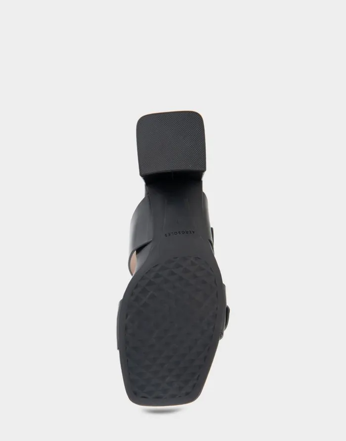 Aerosoles Comfortable Women039s Two Strap Block Heel Slide Sandal In Black Leather Black Leather Women Clogs and Mules