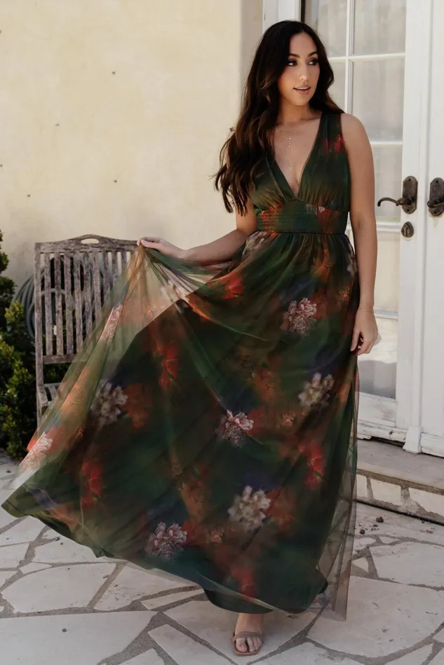 Baltic Born Bump Friendly Women Kamila Tulle Maxi Dress Olive Multi Floral