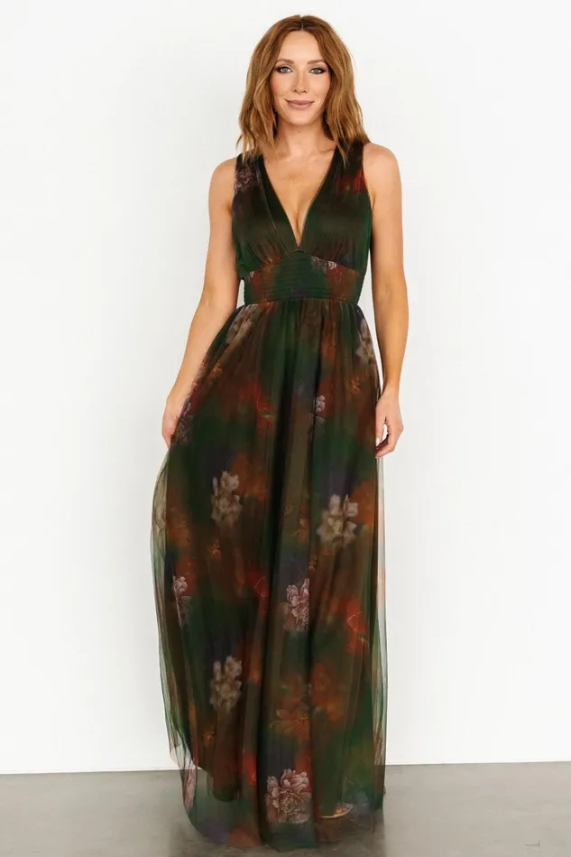 Baltic Born Bump Friendly Women Kamila Tulle Maxi Dress Olive Multi Floral
