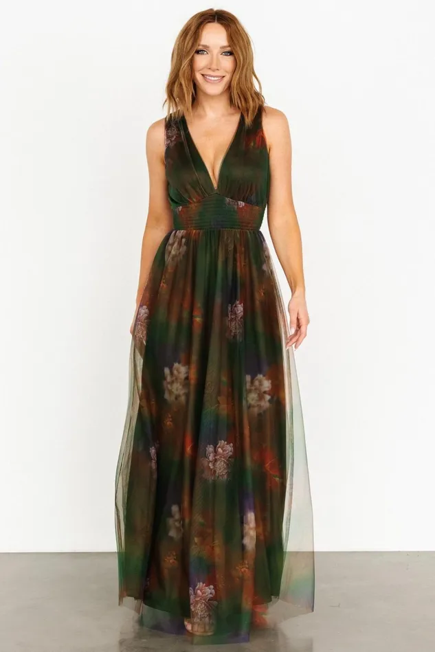 Baltic Born Bump Friendly Women Kamila Tulle Maxi Dress Olive Multi Floral