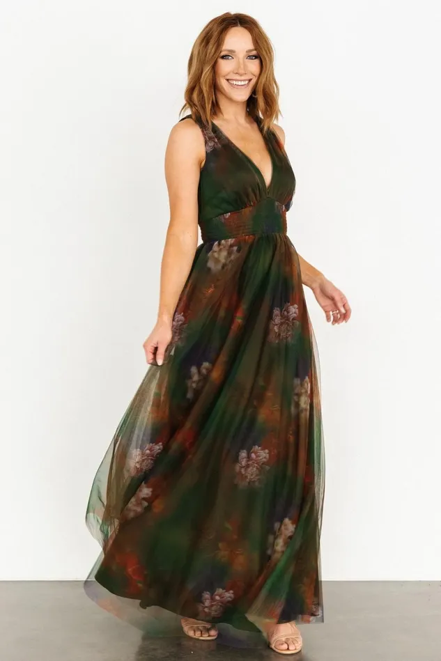 Baltic Born Bump Friendly Women Kamila Tulle Maxi Dress Olive Multi Floral