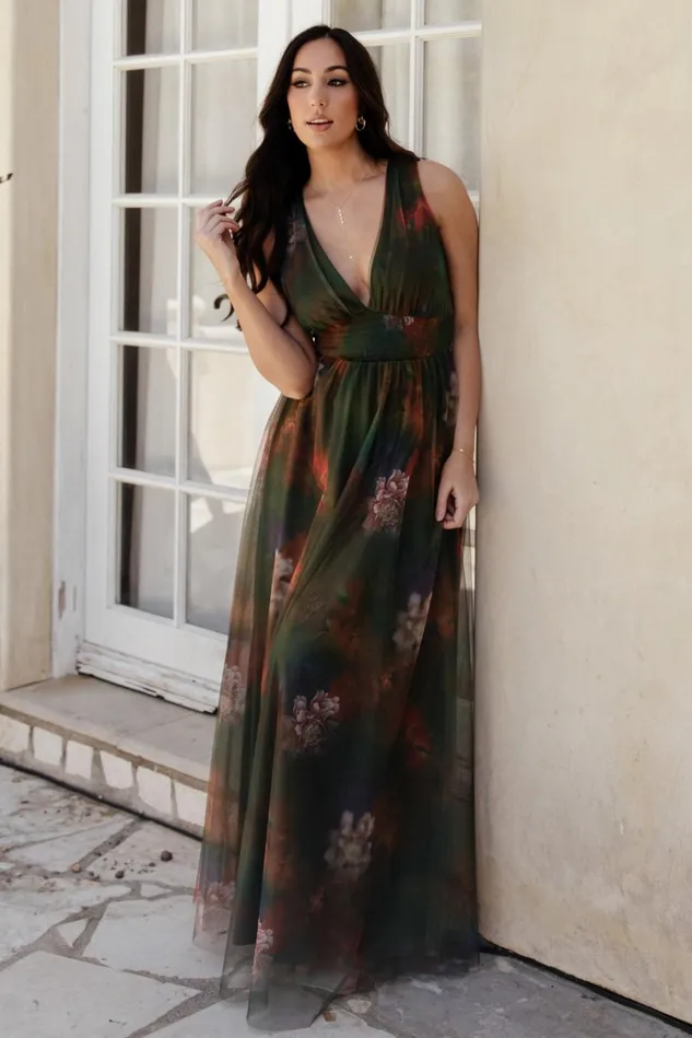 Baltic Born Bump Friendly Women Kamila Tulle Maxi Dress Olive Multi Floral