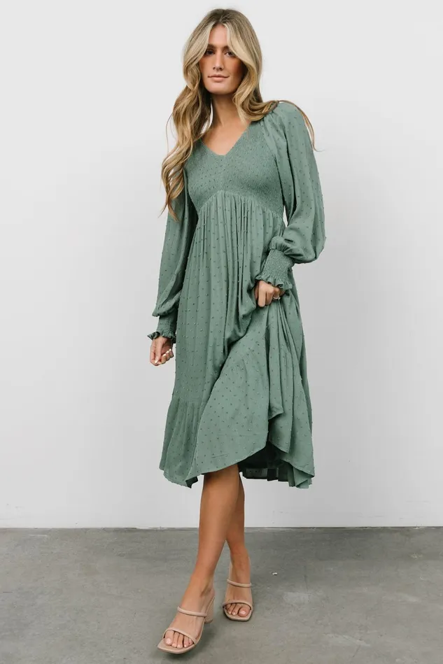 Baltic Born Bump Friendly Women Lainey Smocked Dotted Midi Dress Dark Sage