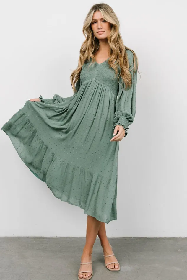 Baltic Born Bump Friendly Women Lainey Smocked Dotted Midi Dress Dark Sage Baltic Born Bump Friendly Women Lainey Smocked Dotted Midi Dress Dark Sage