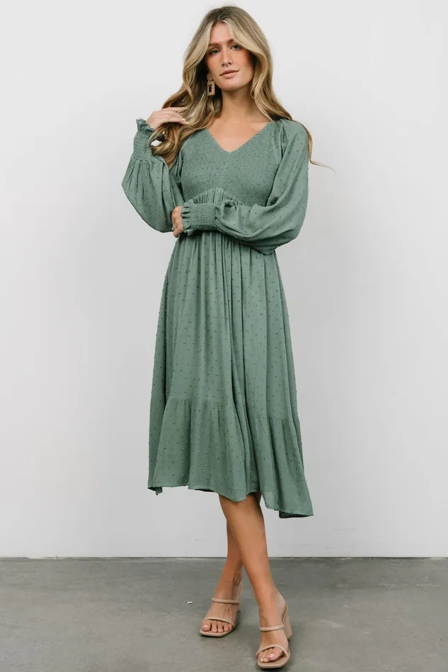 Baltic Born Bump Friendly Women Lainey Smocked Dotted Midi Dress Dark Sage Baltic Born Bump Friendly Women Lainey Smocked Dotted Midi Dress Dark Sage