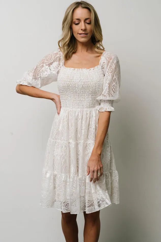 Baltic Born Bump Friendly Women Tate Smocked Lace Short Dress Off White