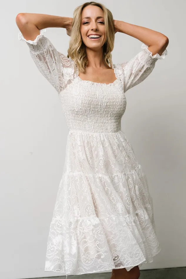 Baltic Born Bump Friendly Women Tate Smocked Lace Short Dress Off White
