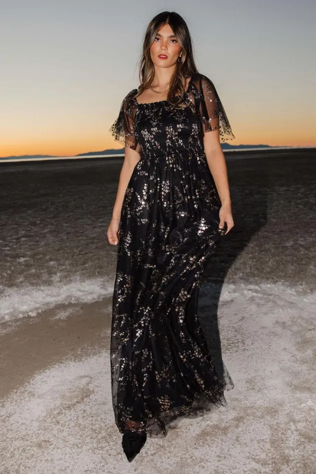 Baltic Born Embellished Sequin Women Cassandra Tulle Maxi Dress Metallic Black Baltic Born Embellished Sequin Women Cassandra Tulle Maxi Dress Metallic Black