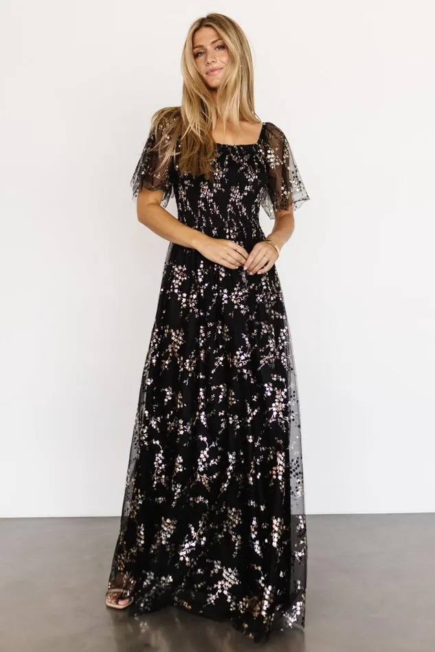 Baltic Born Embellished Sequin Women Cassandra Tulle Maxi Dress Metallic Black
