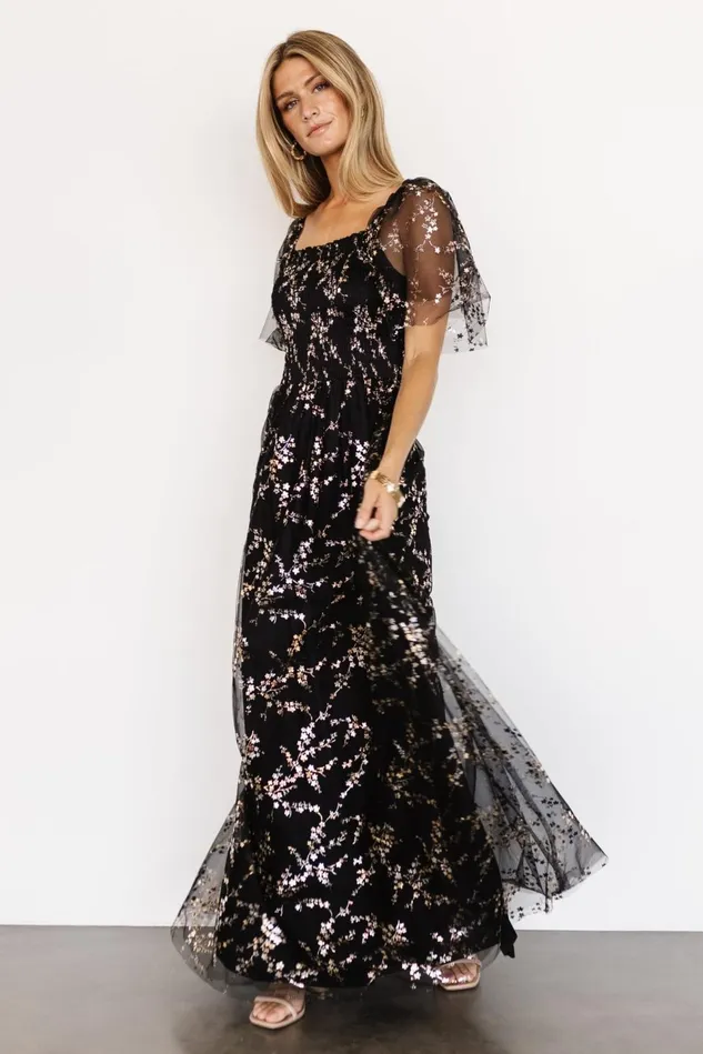 Baltic Born Embellished Sequin Women Cassandra Tulle Maxi Dress Metallic Black