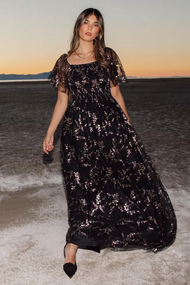 Baltic Born Embellished Sequin Women Cassandra Tulle Maxi Dress Metallic Black