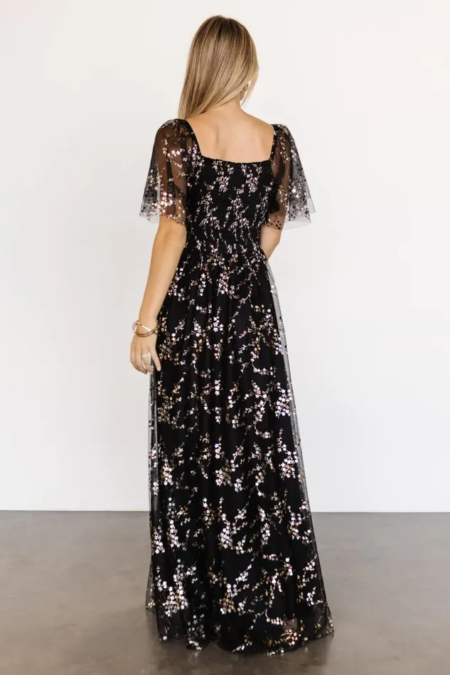 Baltic Born Embellished Sequin Women Cassandra Tulle Maxi Dress Metallic Black