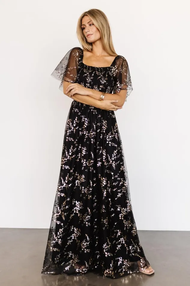 Baltic Born Embellished Sequin Women Cassandra Tulle Maxi Dress Metallic Black