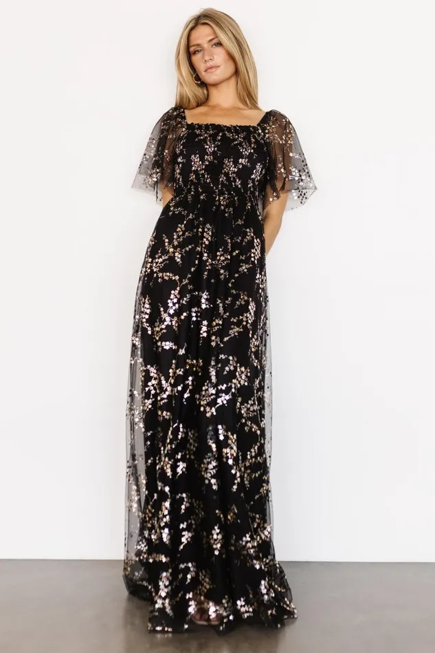 Baltic Born Embellished Sequin Women Cassandra Tulle Maxi Dress Metallic Black