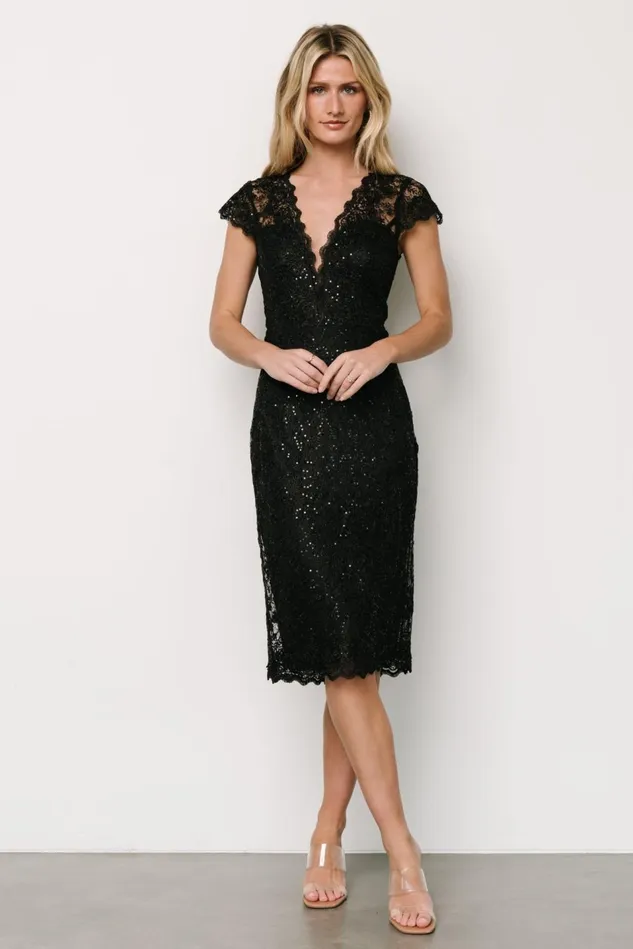 Baltic Born Embellished Sequin Women Oriana Embossed Shimmer Midi Dress Black