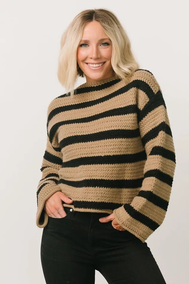 Baltic Born Sweaters Women Robbie Striped Knit Sweater Black Camel