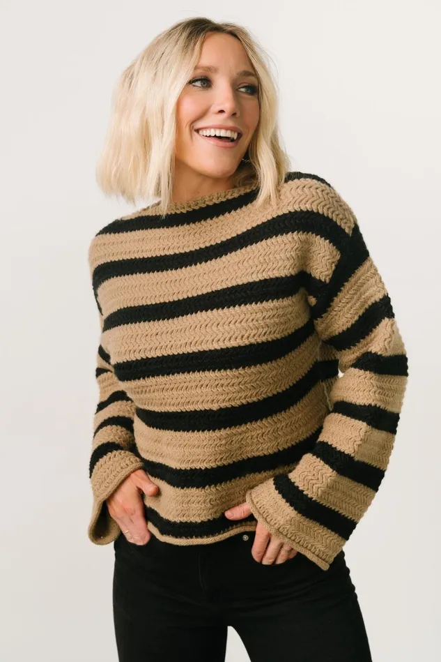 Baltic Born Sweaters Women Robbie Striped Knit Sweater Black Camel Baltic Born Sweaters Women Robbie Striped Knit Sweater Black Camel