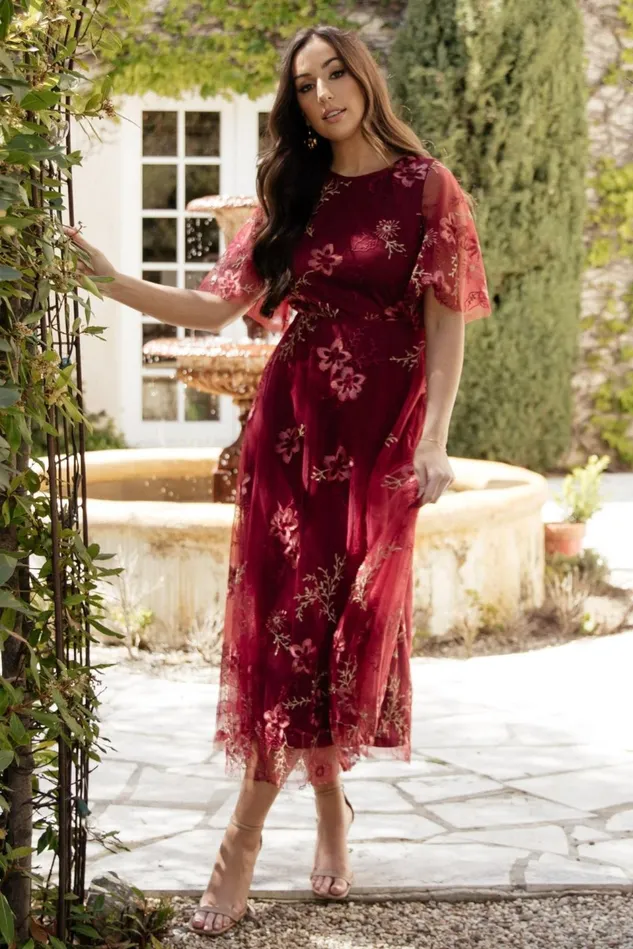 Baltic Born Tulle Styles Women Arabella Embroidered Tulle Maxi Dress Burgundy Floral