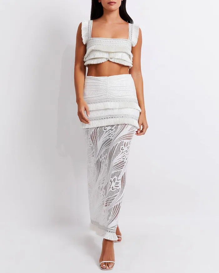 Bottoms Women PatBO Metallic Fringe Trim Lace Maxi Skirt FINAL SALE