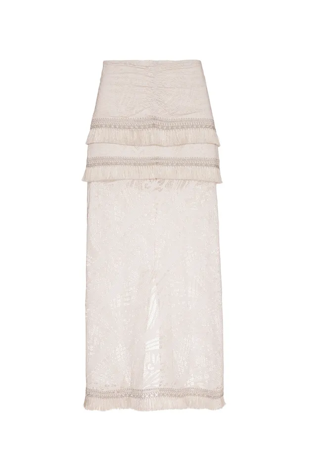Bottoms Women PatBO Metallic Fringe Trim Lace Maxi Skirt FINAL SALE