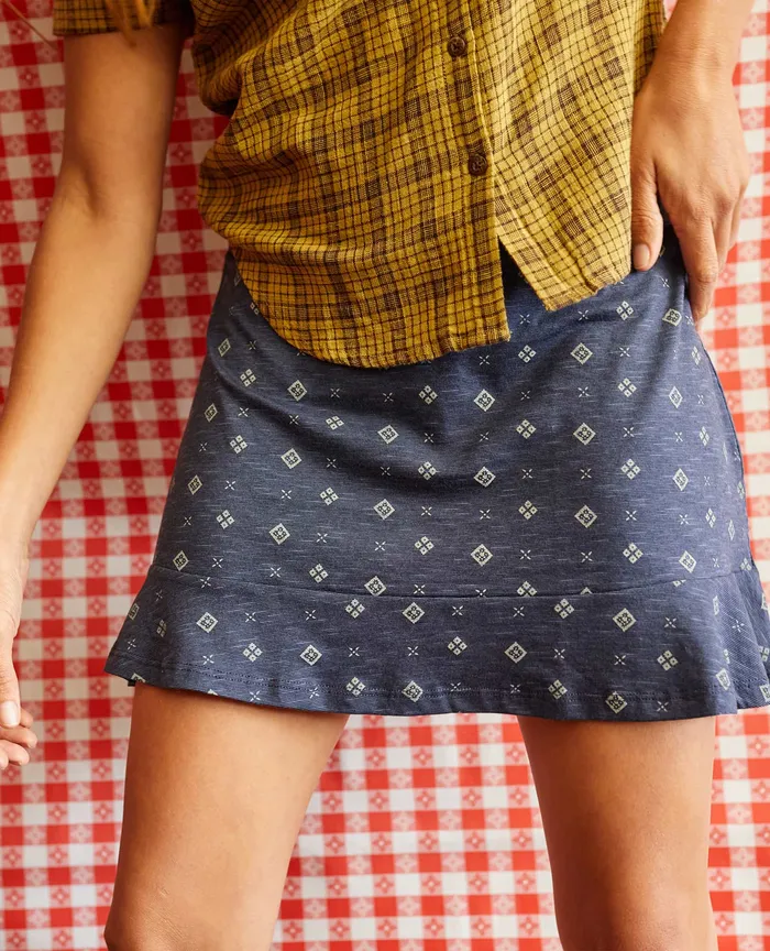 Chaka Ruffle Skirt True Navy Tile Print Women8217s Skirts and Skorts ToadandCo