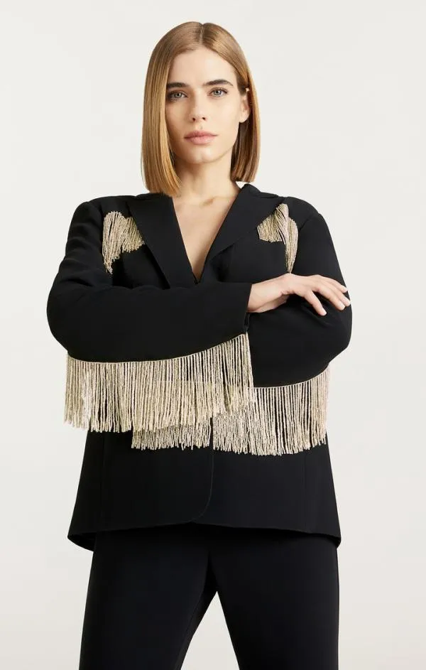 Cinq Sept Beaded Fringe Ira Blazer Black Women Blazers