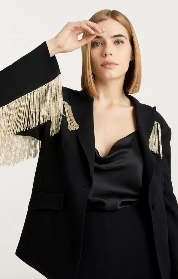 Cinq Sept Beaded Fringe Ira Blazer Black Women Blazers