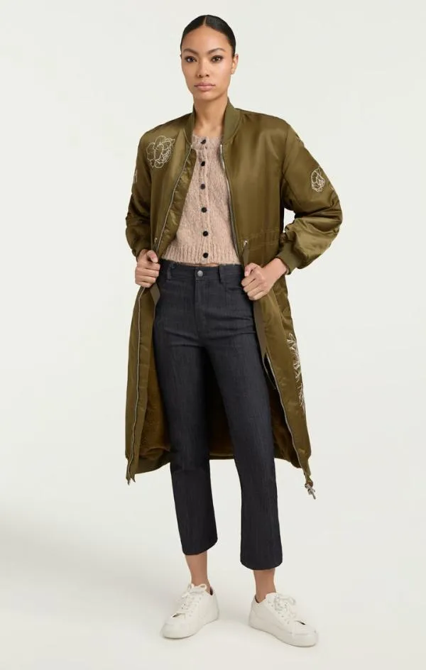 Cinq Sept Peony Embroidered Long Pauline Coat Olive Women Outerwear