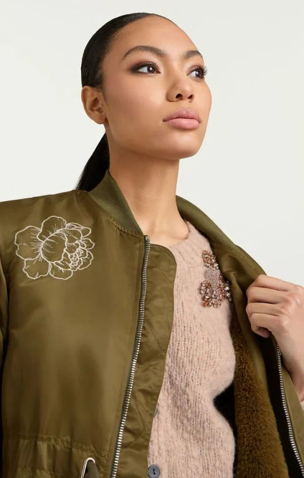 Cinq Sept Peony Embroidered Long Pauline Coat Olive Women Outerwear
