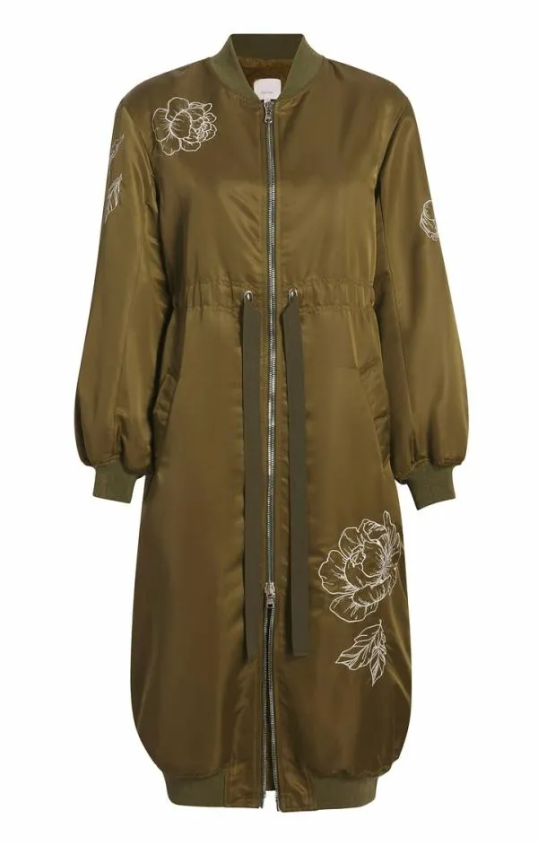 Cinq Sept Peony Embroidered Long Pauline Coat Olive Women Outerwear