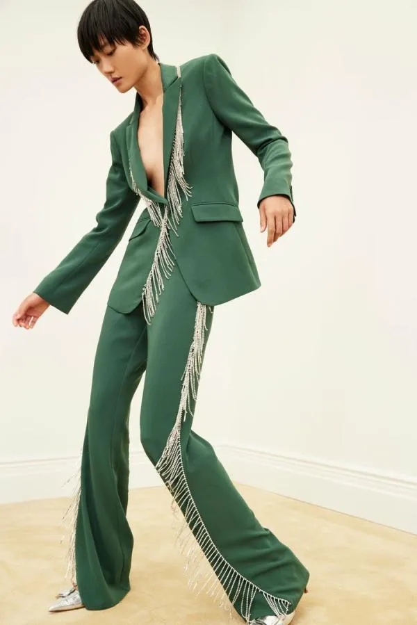 Cinq Sept Rhinestone Fringe Embellished Cheyenne Blazer Dark Emerald Women Blazers
