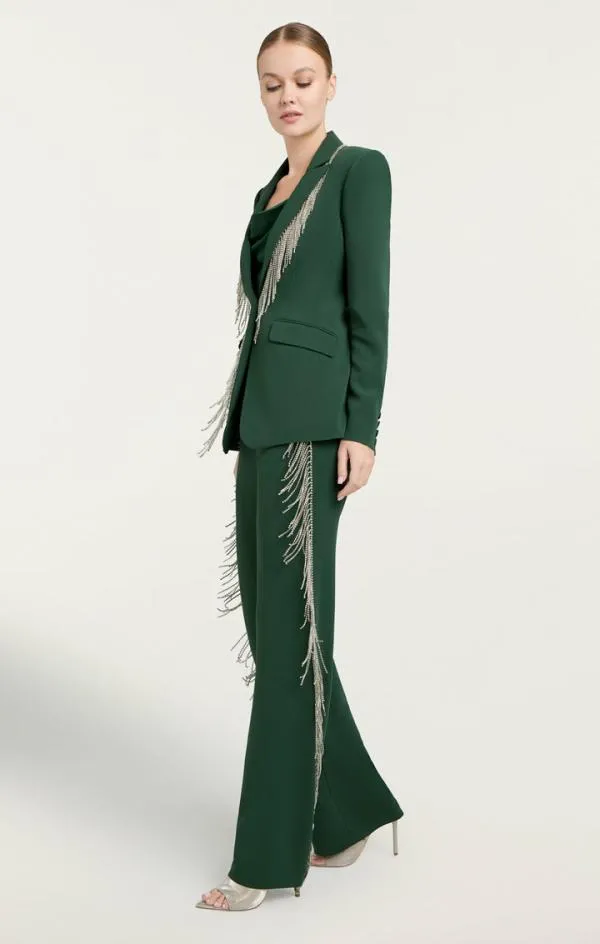 Cinq Sept Rhinestone Fringe Embellished Cheyenne Blazer Dark Emerald Women Blazers