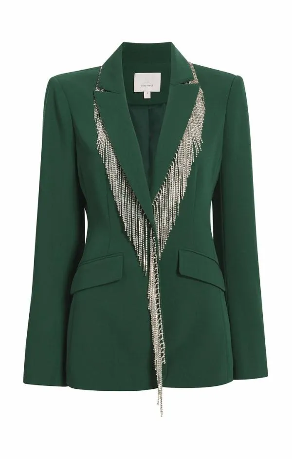 Cinq Sept Rhinestone Fringe Embellished Cheyenne Blazer Dark Emerald Women Blazers