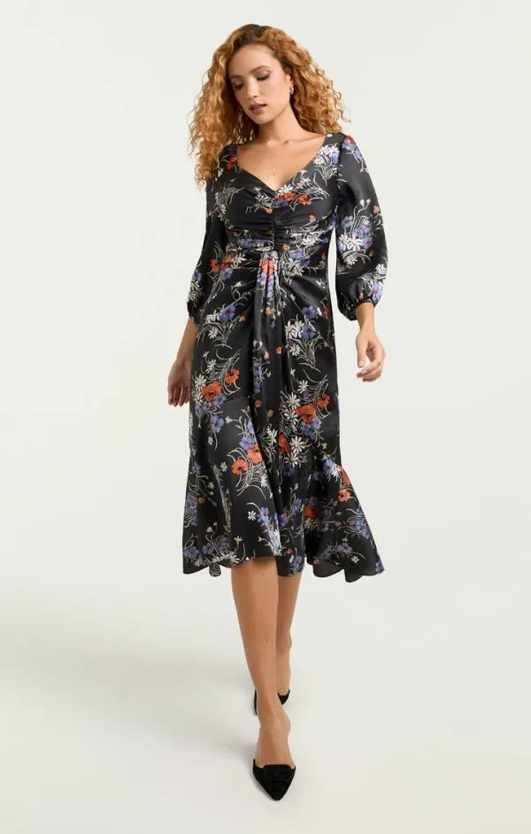 Cinq Sept Three Quarter Sleeve Walker Dress Obsidian Multi Women Midi