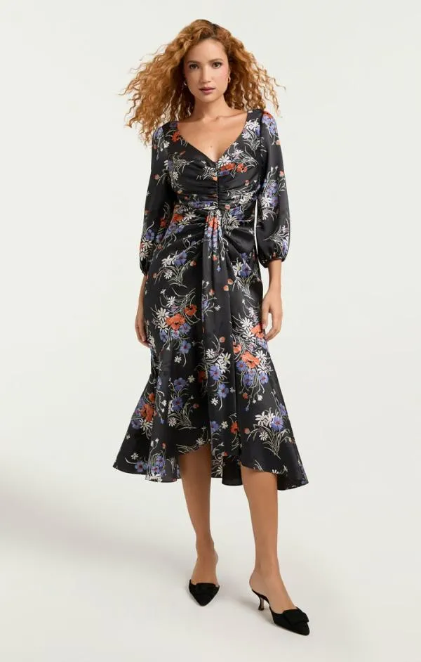 Cinq Sept Three Quarter Sleeve Walker Dress Obsidian Multi Women Midi