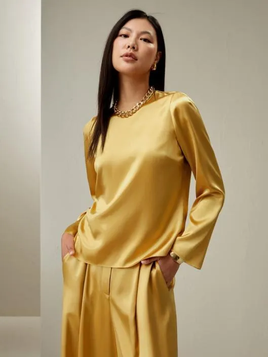 Classic Minimalist Crewneck Long Sleeve Silk Top Women Blouses Lilysilk Shirts