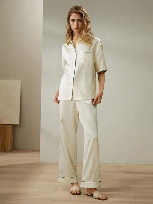Contrast Piping ButtonUp Short Sleeves Pajama Set Women Lilysilk Pajamas