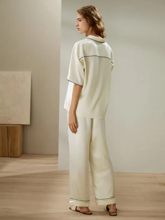 Contrast Piping ButtonUp Short Sleeves Pajama Set Women Lilysilk Pajamas