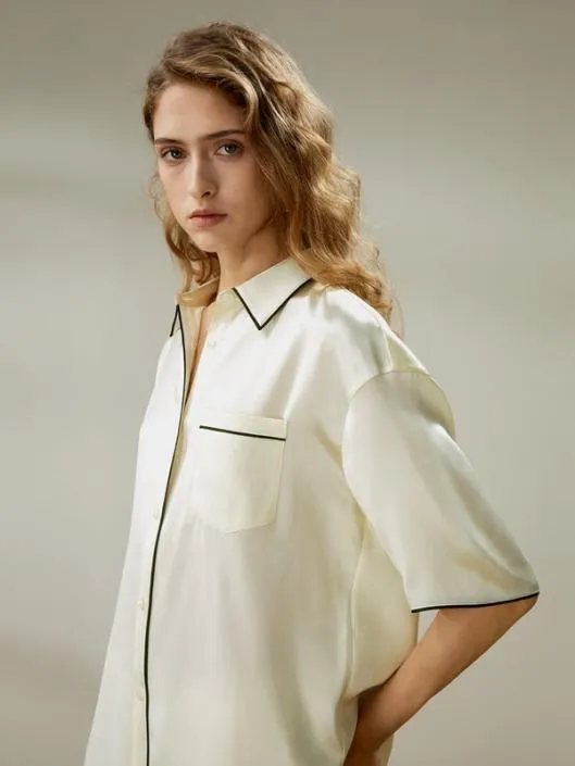 Contrast Piping ButtonUp Short Sleeves Pajama Set Women Lilysilk Pajamas