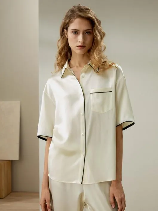 Contrast Piping ButtonUp Short Sleeves Pajama Set Women Lilysilk Pajamas